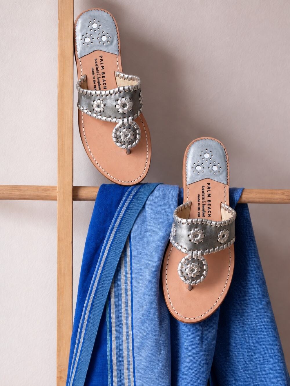 Palm Beach Sandals Silver Metallic Leather Jack Rogers Navajo Style Made USA